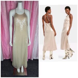 A New Day Beige Sequin Lined Side Slit Cocktail Dress Size Small